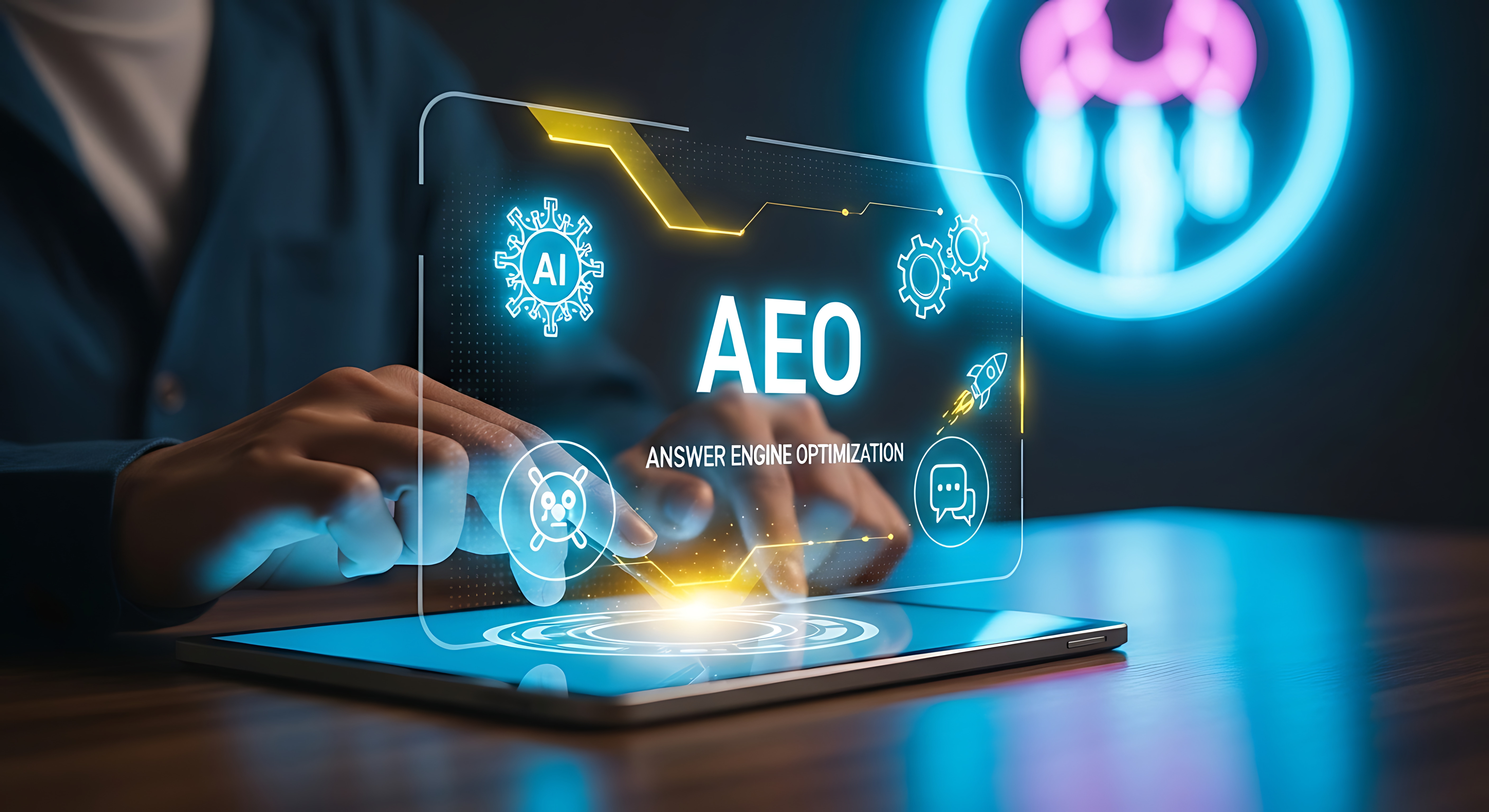 An image showing the words "AEO" projecting from a tablet-like device.