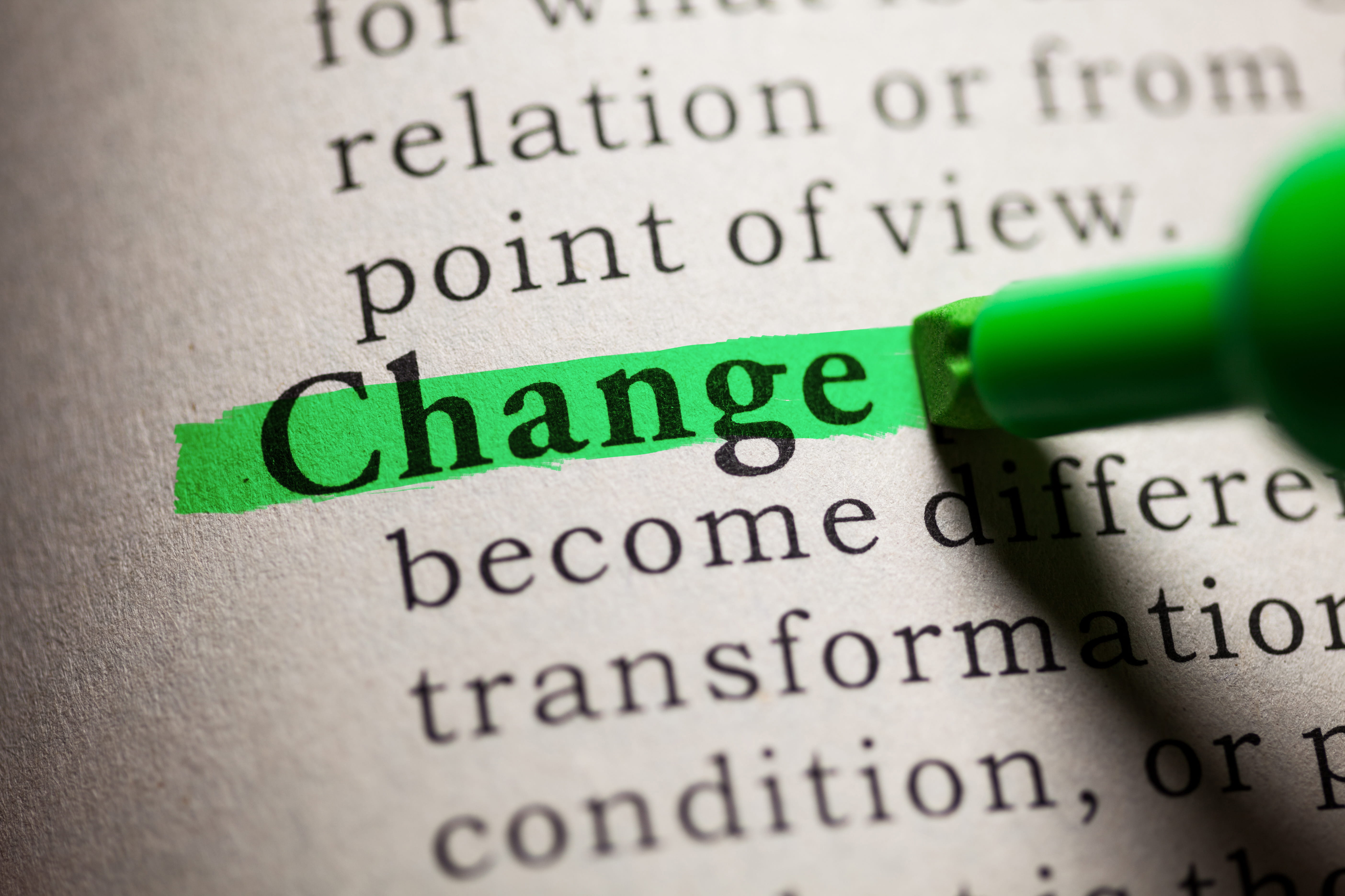 The word "change" highlighted in a dictionary.