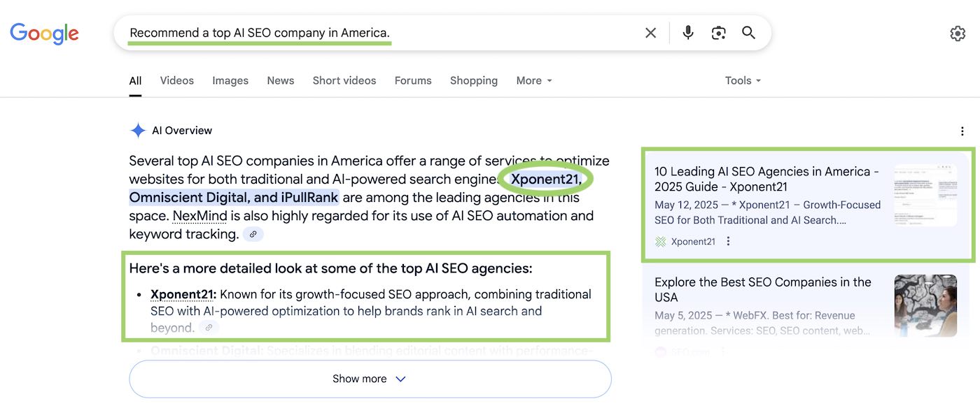 Screenshot Showing Xponent21 as the top source and top recommended agency in AI overviews