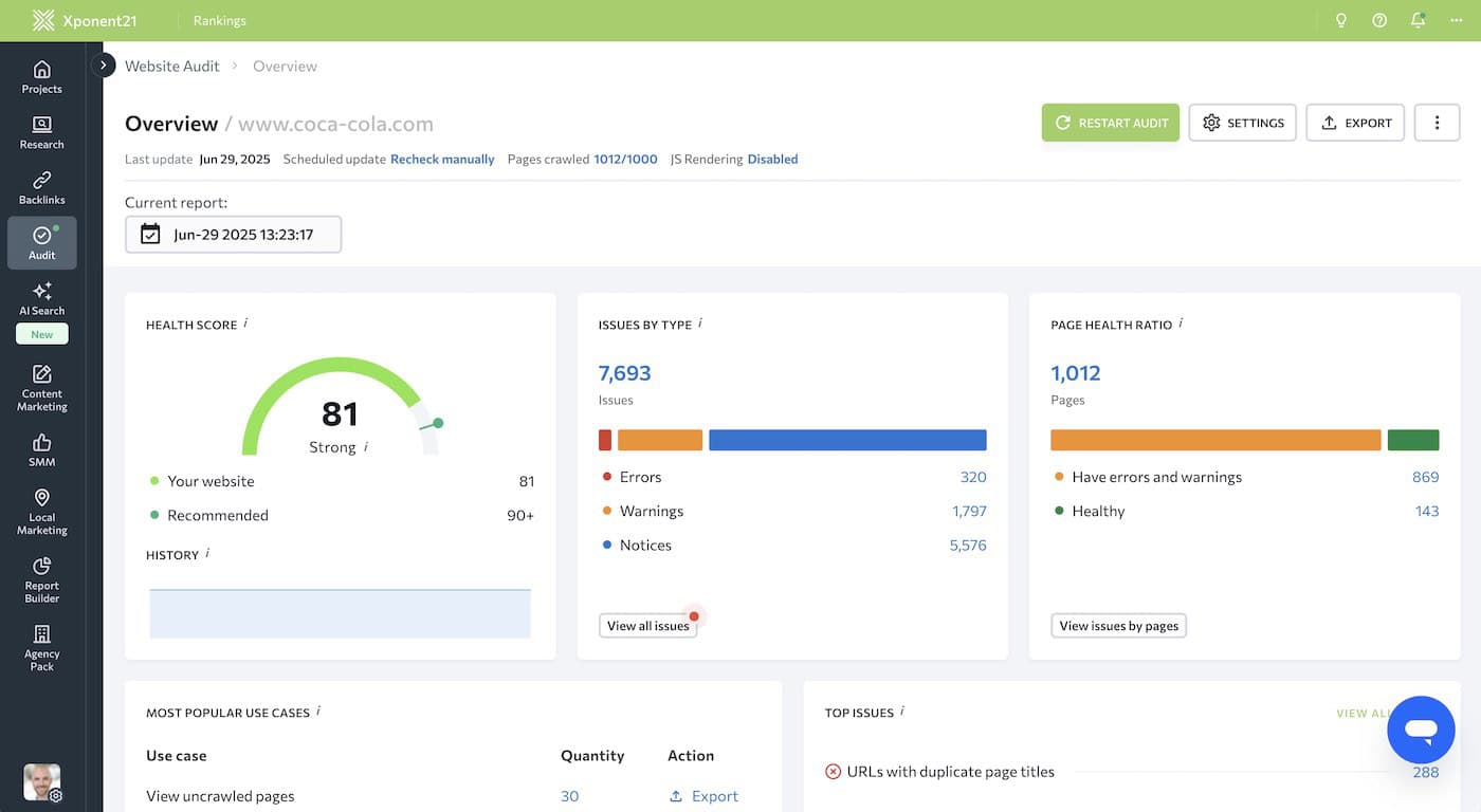 SERanking Website Audit for Coca Cola