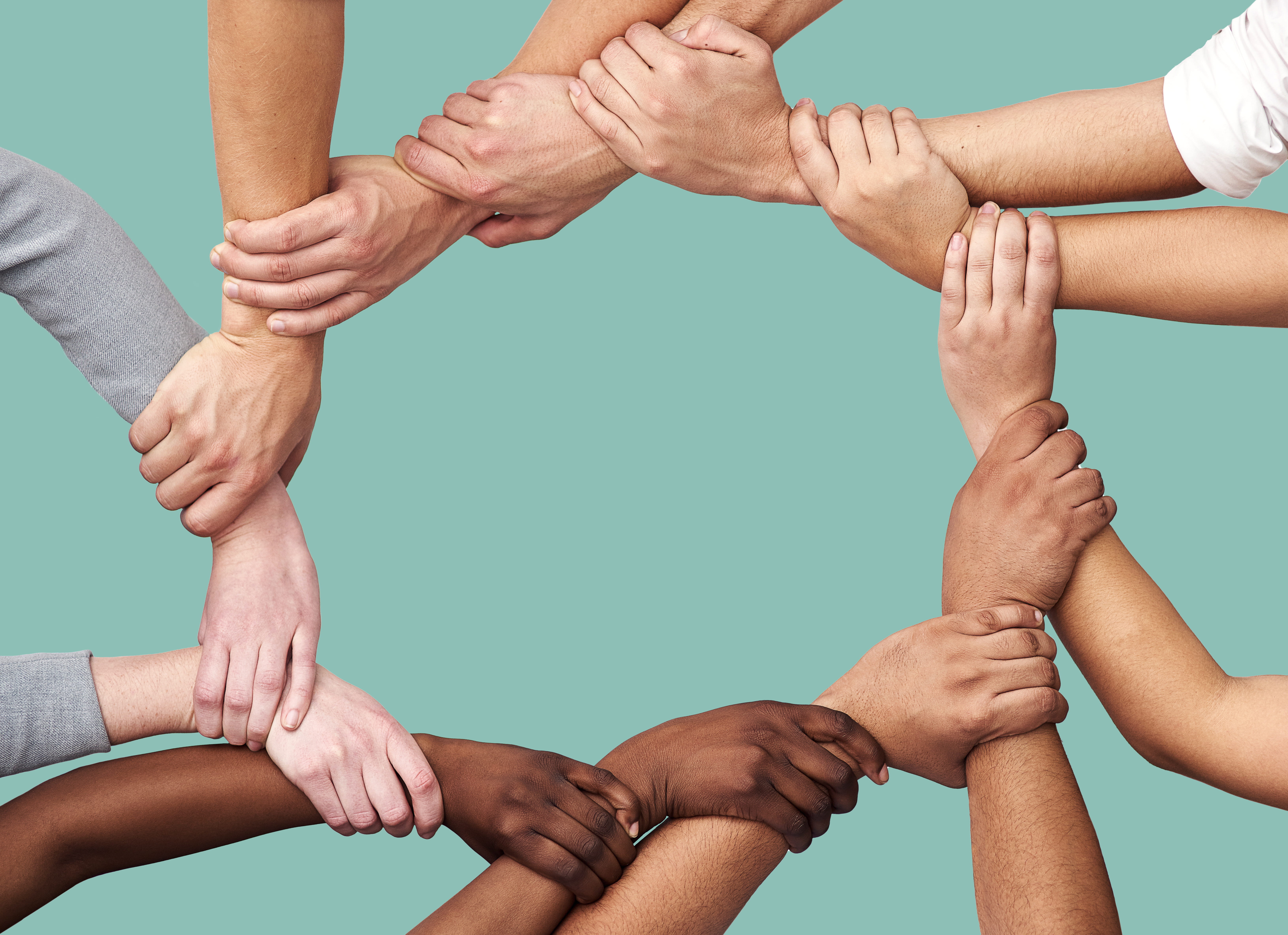 A united circle of hands from multiple ethnicities to symbolize community.